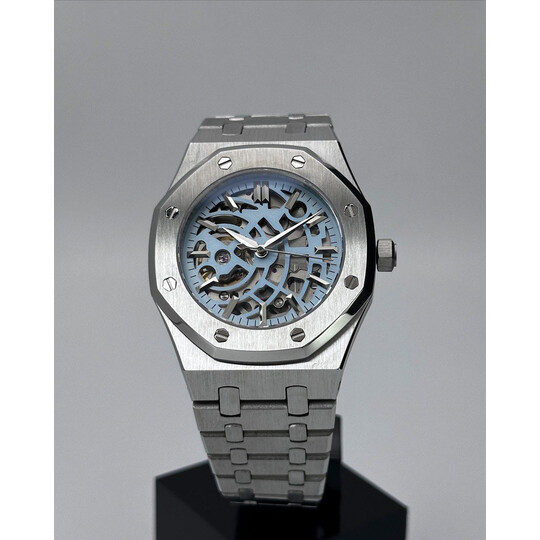 Custom Seiko Mod • Baby Blue Skeleton Silver AP • 39mm